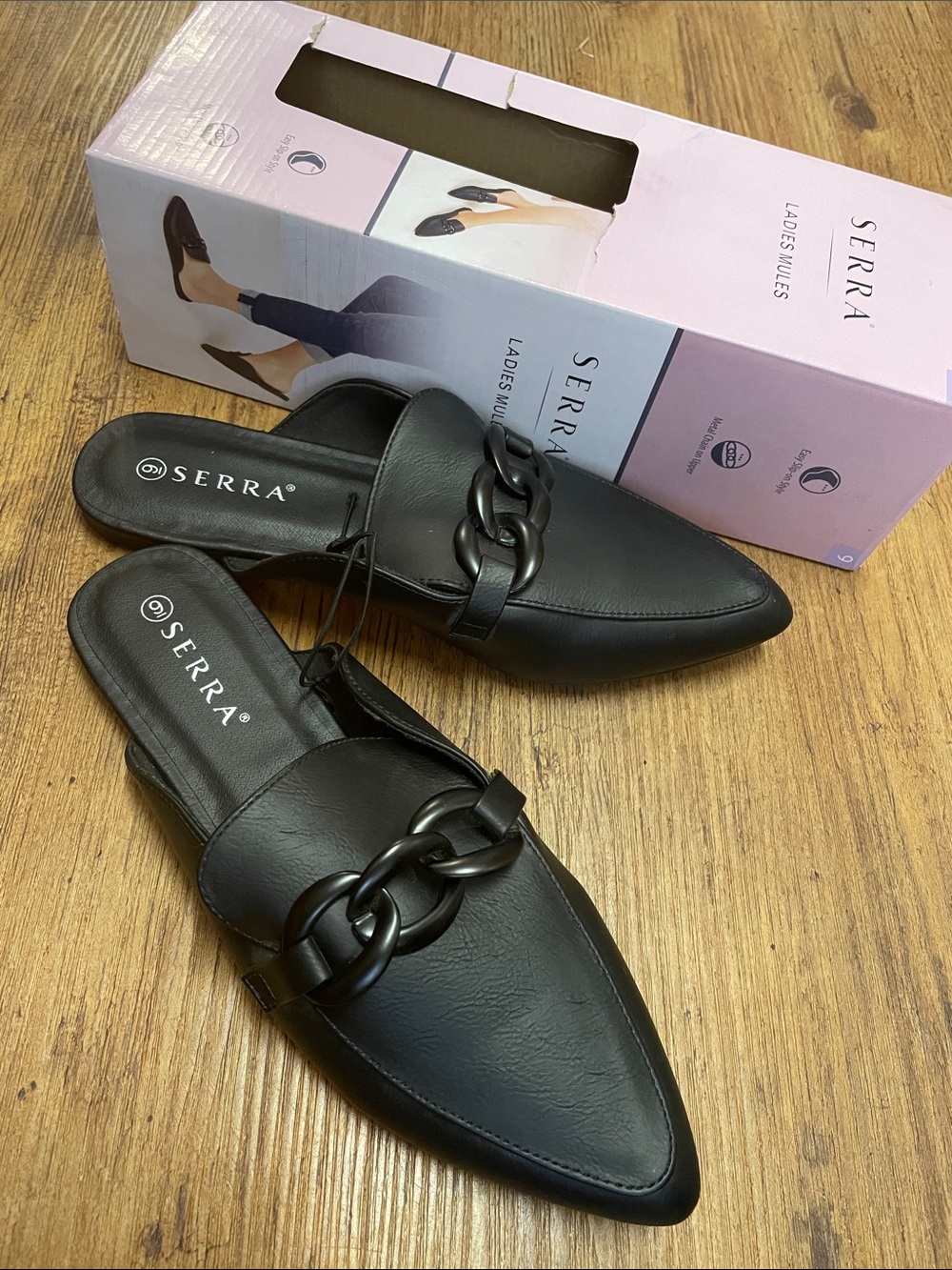 Serra Black Pointed Chain-Trim Slide Mules